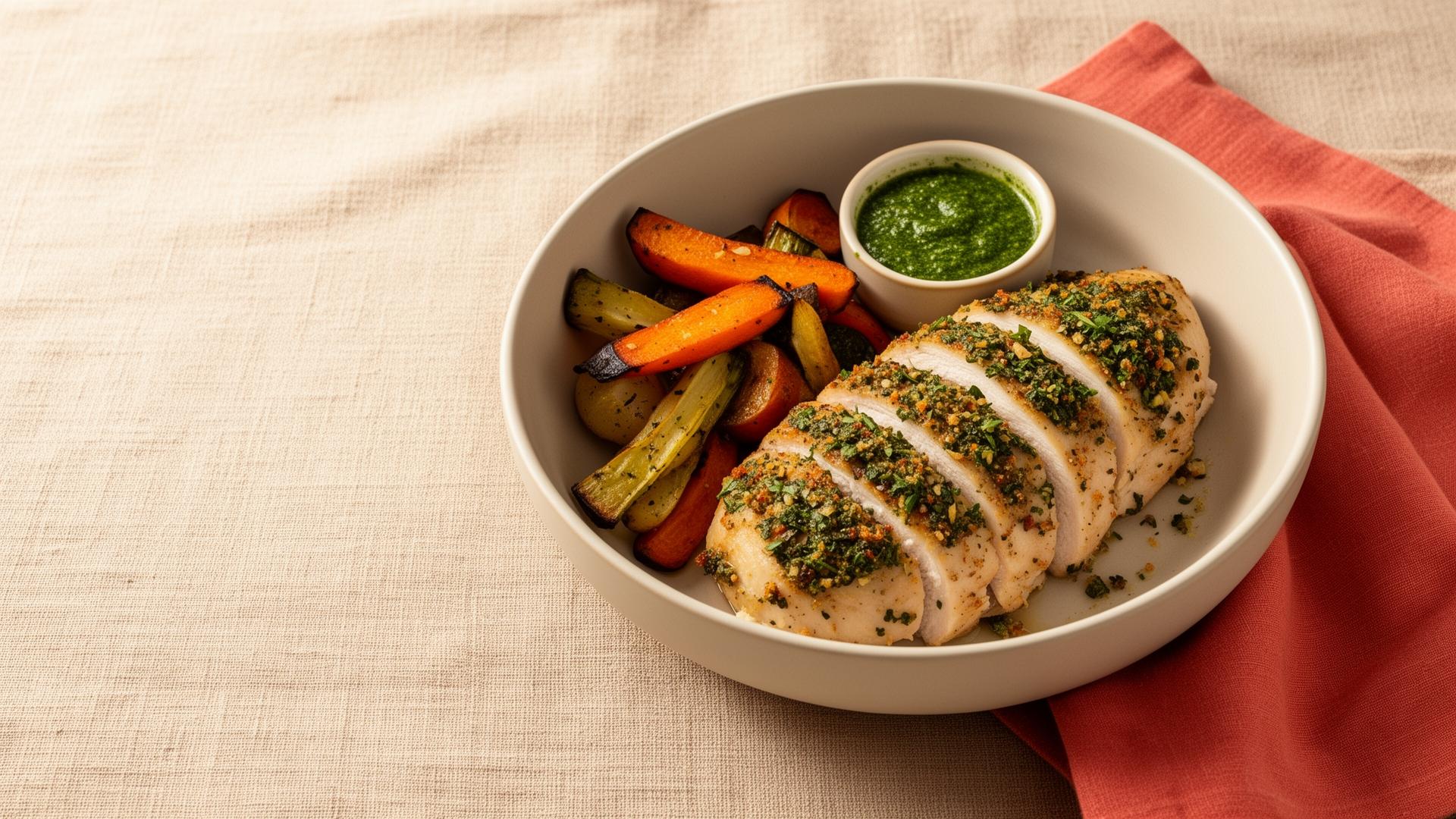 Chef-cooked chicken with roasted vegetables, illustrating prepared Forkful-style meals